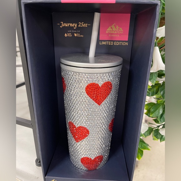 Hydrapeak Valentine Red Heart Rhinestone Stainless Tumbler 25oz Lid/Straw NWT - Picture 1 of 5